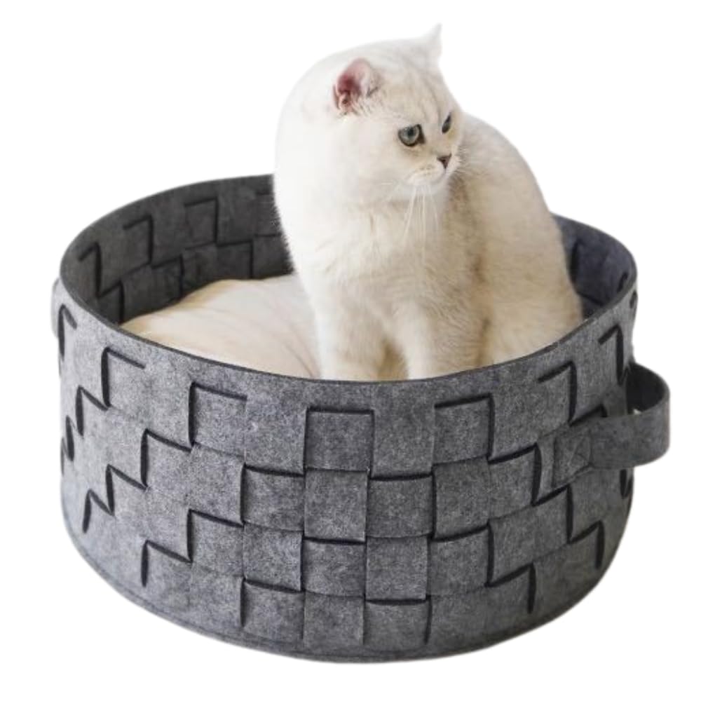 CXYYXF Hand-Woven Pet Bed Comfortable Round Felt Indoor Pet Nest for Cats and Small Dogs with Soft Cushion (Gray)
