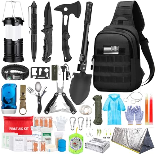 Emergency Survival Kit, 151 Pcs Survival Gear First Aid Kit, Outdoor Trauma Bag with Tactical Flashlight Knife Pliers Pen Blanket Bracelets Compass for Camping Earthquake or Adventures