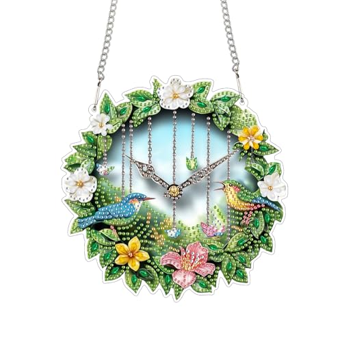 Bimkole ダイヤモンドアート リース ハンギングキット - 大人のための5Dダイヤモンドアートキット、DIY 鳥 リスタルアートハンギングサイン、アクリルクリスタルアート吊り下げオーナメント - 壁掛け用、家庭・庭・玄関装飾用 20x20 cm