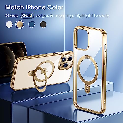 Alphex Invisible Stand Magnetic Case For Iphone 12 Pro Max [Look As Bare Iphone][Compatible With Magsafe] Military Grade Shockproof Matte Slim Phone Cover Ring Holder Women Men 6.7 Inch, Gold #TOP2