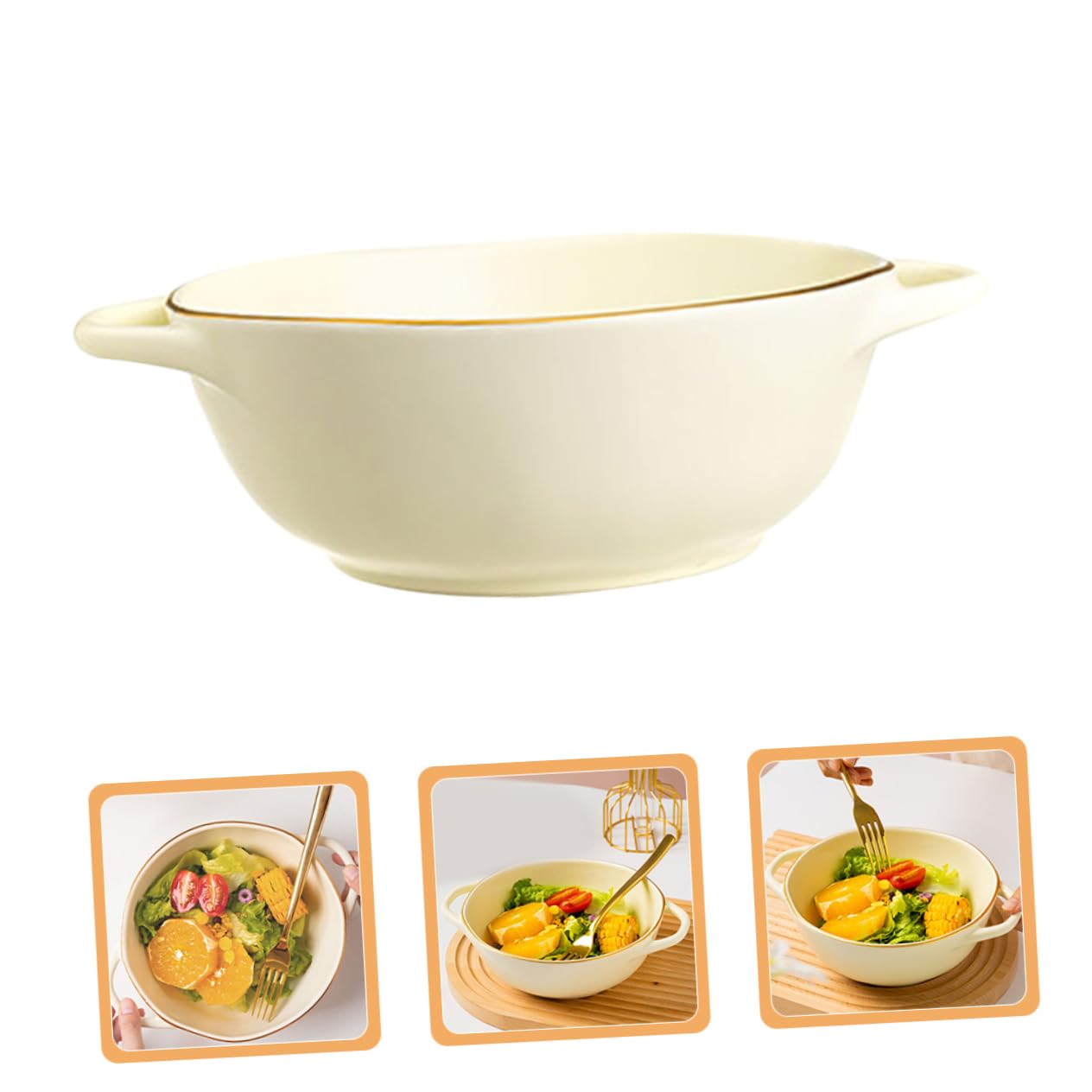 Mipcase Cuenco Resistente al Calor Óxido Beige de Cerámica de 1200ml Doble Asa Adecuado para Ensaladas y Uso Diario en Lavavajillas