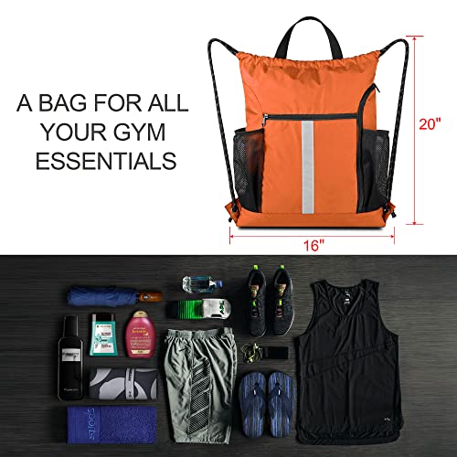 Image of BeeGreen Orange Drawstring Backpack Bag Cinch Sack with Shoe Compartment and Two Side Mesh Pockets Lightweight Large Sturdy Drawstring Gym Sackpack For Unisex