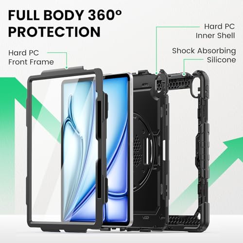 Image of SEYMAC for iPad Air 13 Inch Case M4 / M3 / M2 (2026 /2025 / 2024), Heavy Duty Shockproof Protective Case with Screen Protector, 360 Rotating Stand, Hand /Shoulder Strap and Pen Holder, Black