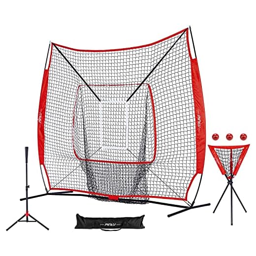Pinty Baseball and Softball Practice Net 7×7ft Hitting Batting Net with Strike Zone Target, Baseball Softball Batting Tee, Ball Caddy and Weighted Training Balls
