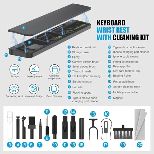Image of Multi-Purpose 21 in 1 Cleaning Kit with Wrist Rest for Laptop, Keyboard, Screen, PC, Monitors, Mobile, Camera & Earphones with Dust Removal -Black