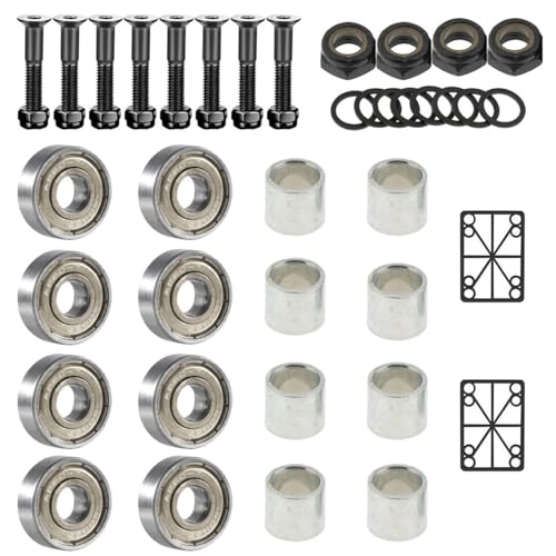 SquEqu 38 Pack Skateboard Bearings 608zz Skateboard Hardware Kit Skateboard Deck Mounting Screws Nuts Bolts Spacers Speed Rings Set Skateboard Riser Shock Pads for Longboard Cruiser Skateboards