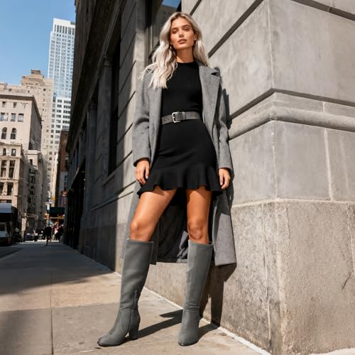 DREAM PAIRS Women's Chunky Heel Knee High Boots,Size 6,Grey,MIDLEG