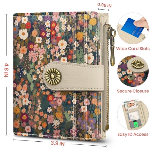 Image of Small Wallet for Women, RFID Blocking Bifold Card Holder Wallet with 10 Card Slots, Cash Compartment, Zipper Coin Pocket & ID Window, Cute Soft Vegan Leather Compact Wallet, Garden