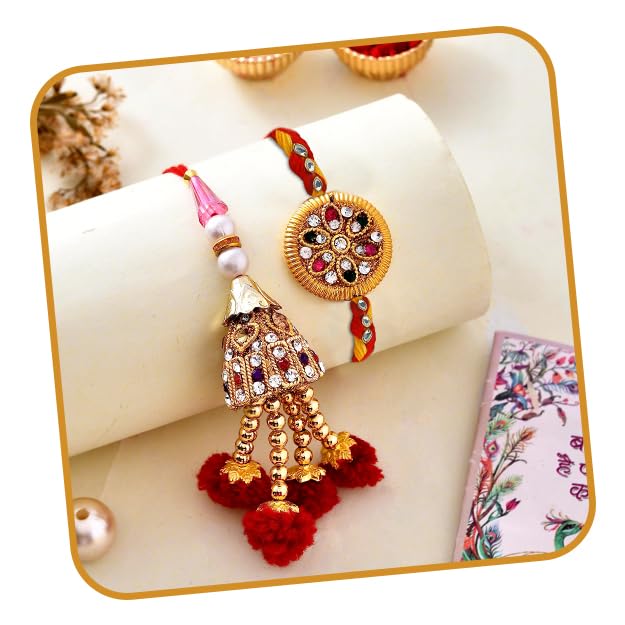 CraftVatika Set of 2 Rakhi for Brother and Bhabhi, Rakhi Set for Brother Bhai Bhabhi, Designer Couple Pair Rakhis for Rakshabandhan, Lumba Pair for Bhabhi, Rakhis for Bhai Sister in law, Card & Tillak