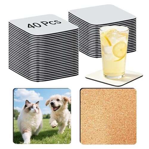 AceSubli 40 Pcs Sublimation Coaters Blanks Heat Transfer Wood Cork Coasters 4x4 in Square Blank Cup Mat Non-Slip & Easy to Clean Custom Coaster Set for Tabletop Protection Personalized Gifts