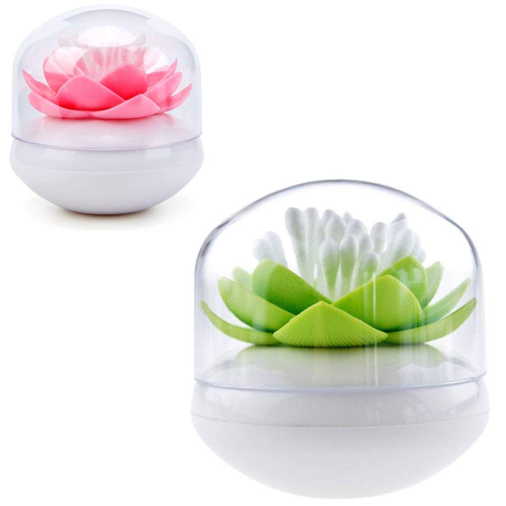 2-Pack Lotus Flowers Cotton Swab Holder Small Q-Tips Toothpicks Storage Organizer Bathroom Vanity Canister Green Pink