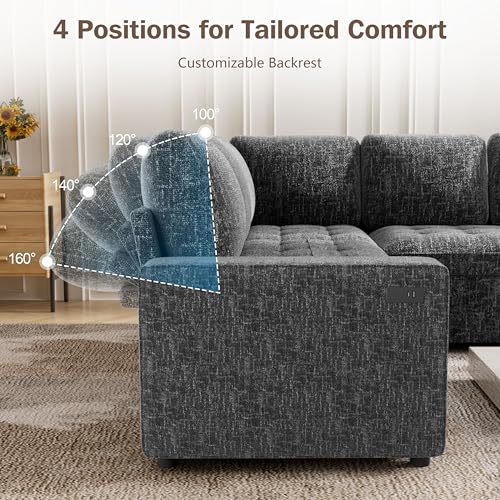 Image of Vipbear Chenille 80 Inch Modular Sectional Sofa with Pull Out Bed, L Shaped 5 Seat Sectional Sofa with USB Ports /Reclining Backrest /Storage Seats, Tool-Free Assembly, Couches for Living Room Dark Grey