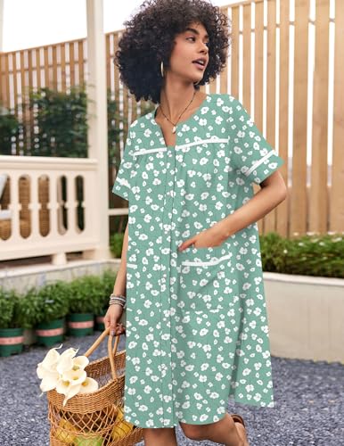 Image of Ekouaer Nightgowns for Women House Dress with Pockets Snap Front House Coat Short Sleeve Duster Moo Moos Sleepwear S-3XL
