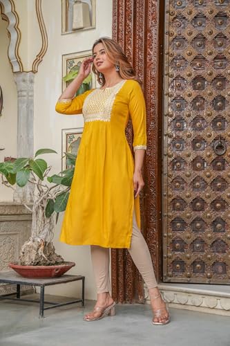 Image of Juniper Mustard Viscose Embroidered Kurta with Thread Work and Sequins