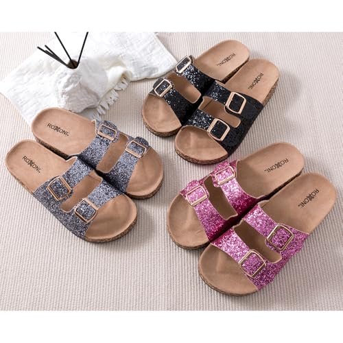 Roxoni Women's Party Gliters Comfort Flat Sandals Double Buckle Adjustable Straps Flat Slides Footbed Suede4