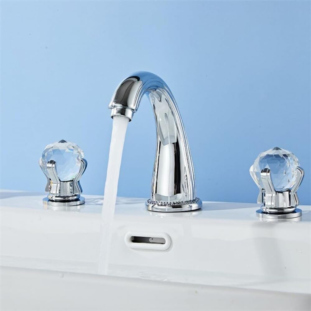 Robinet de lavabo 3 trous chrome avec poignée en cristal pour eau chaude et froide
