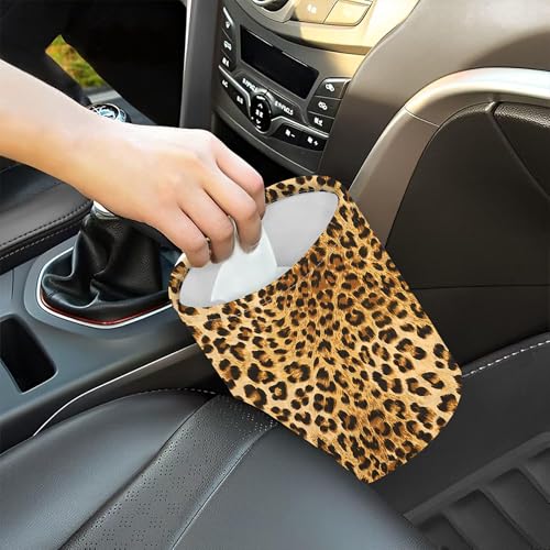 Image of Car Garbage Bag Brown Leopard Mini Car Trash Bin Portable Collapsible Waterproof Rubbish Bag for Car Accessories Back Front Seat Cup Holder
