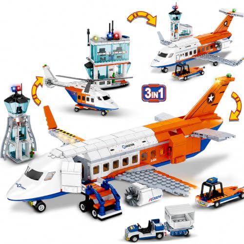Image of City Airport Passenger Airplane Building Blocks Set, 715+ PCS 3-in-1 Airport Construction Kit with Radar Tower, Baggage Truck & Shuttle Bus | 1 Year Manufacturing Warranty