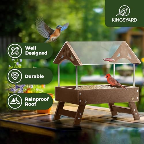 Kingsyard Ground Bird Feeder for Outdoors - Recycled Plastic Platform Feeder for Wild Birds, Rainproof Squirrel Feeders, 5 LBS Large Capacity, Brown