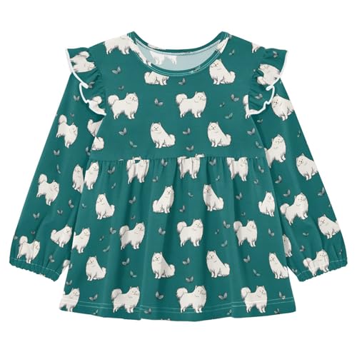Samoyed Dog Butterflies Girls Shirts Cotton Long Sleeve Ruffle Toddler Tee Tops