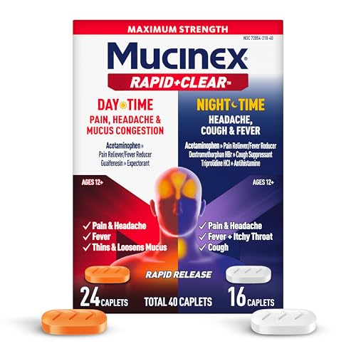 Mucinex Rapid+Clear Maximum Strength Day & Night Cold and Flu Medicine for Adults Over-The-Counter Medication for Headache Relief Mucus Congestion & Cough Rapid Release Caplets 40 Count