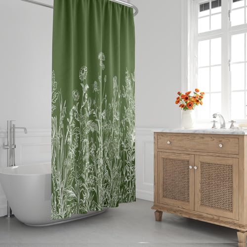 Emvency Floral Sage Green Shower Curtain Border White Herbs and Wild Flowers Botanical Vintage Engraving Light Waterproof Polyester Fabric 72 x 72 Inches Set with Hooks by Emvency - Used condition - Image 2