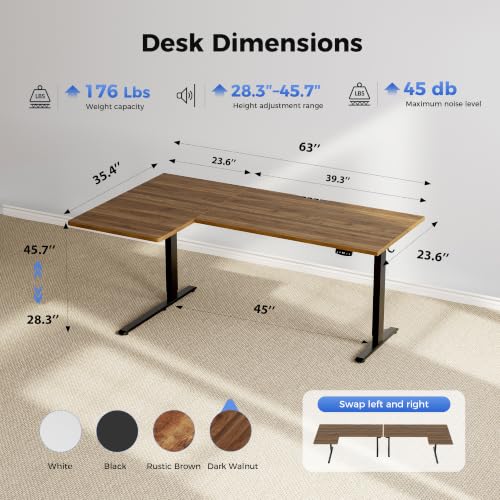 Image of Agilestic 63 Inch Reversible L Shaped Standing Desk, Electric Height Adjustable Desk with Memory Preset, Sit Stand Up Computer Workstation for Home Office, Splice Board, Dark Walnut