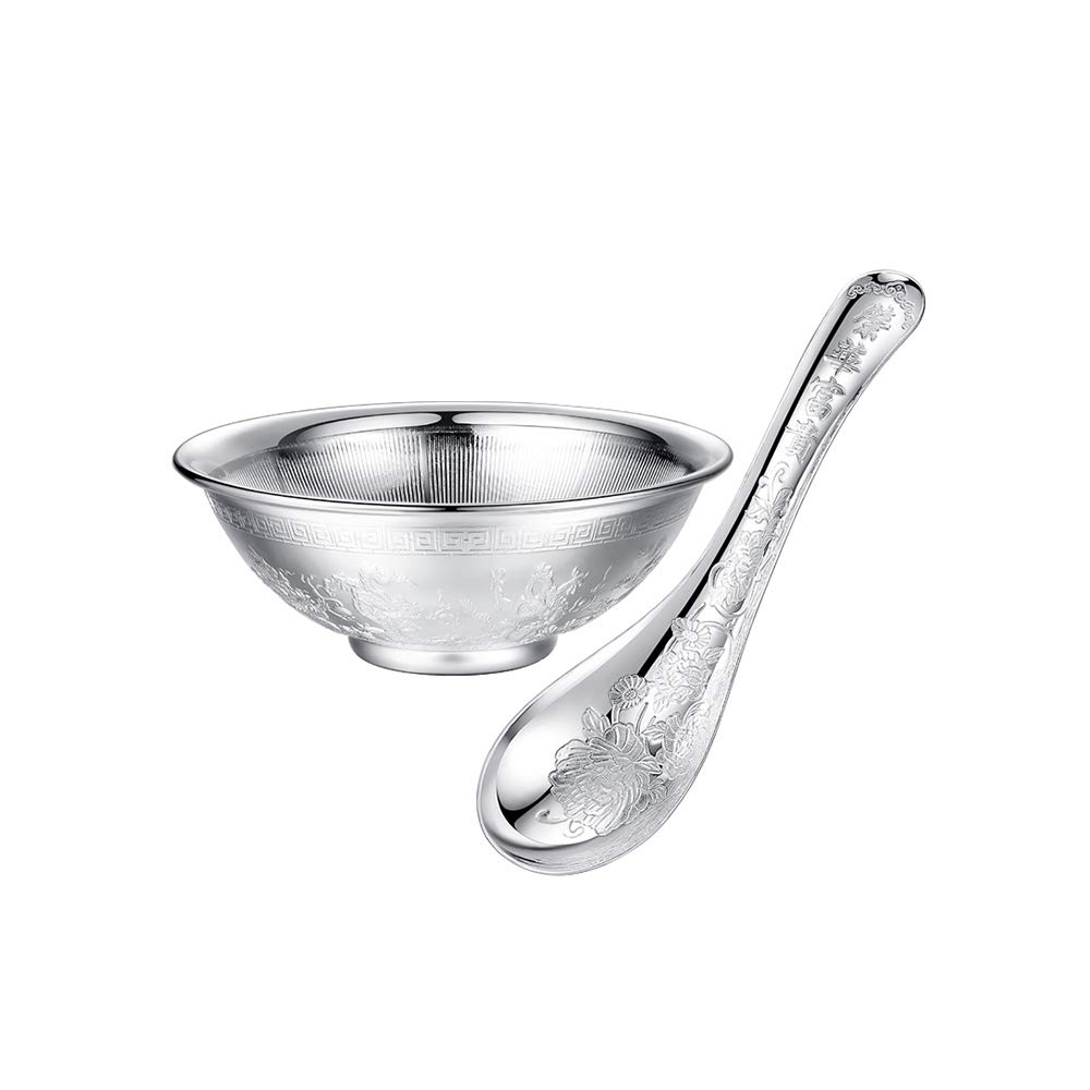Bol à Grains en Argent Sterling, Bol à Soupe, Riz, Bol à Nouilles instantané, Bol de Dessert de la Salade, à la Main, modèle de Pivoine, approprié comme Cadeau