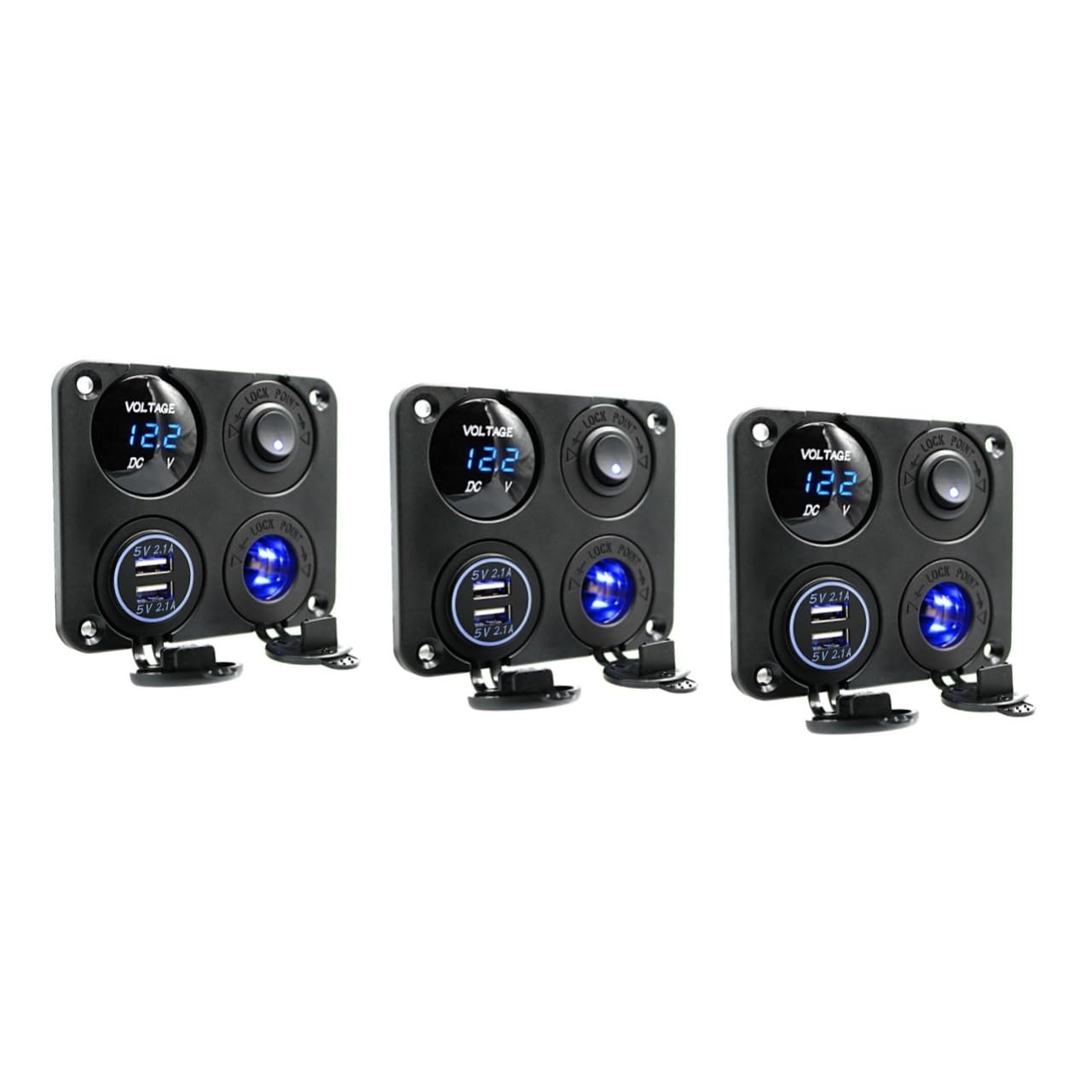 Housoutil 3 Pezzi 4 in 1 Pannello Caricabatteria per Auto E Barca 4 in 1 2.1a Doppio Usb Led Voltmetro Presa di Corrente Voltmetro Usb 12- V