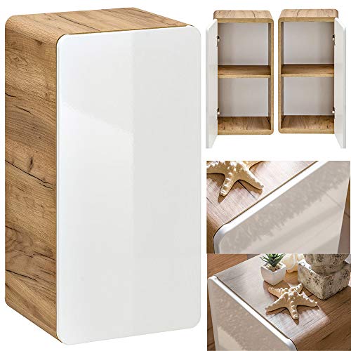 Lomadox Badmöbel Set in Hochglanz weiß mit Wotan Eiche Nb., 81 cm Waschtisch-Unterschrank mit Keramik-Waschbecken, LED-Spiegelschrank, 3 Hängeschränke, Hochschrank