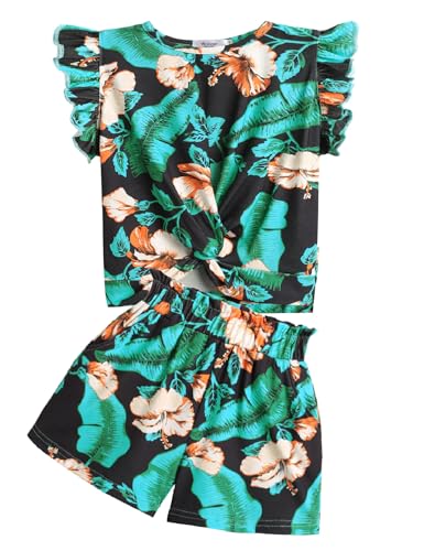 Image of Arshiner Girls Shorts Sets 2 Pieces Outfits Twist Front Ruffle Sleeve T-Shirts and Shorts With Pockets Cute Clothes Sets