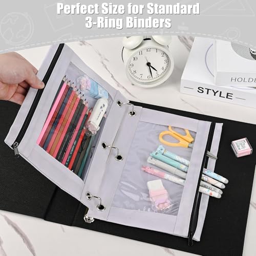 Image of Lanpn Pencil Pouch for 3 Ring Binder 6 Pack, Aesthetic Binder Pen Holder with Zipper, 3 Holes Pencil Bags Organizer for Boy Girl Kids School Student, Reinforced Grommets & Clear Window, Grey