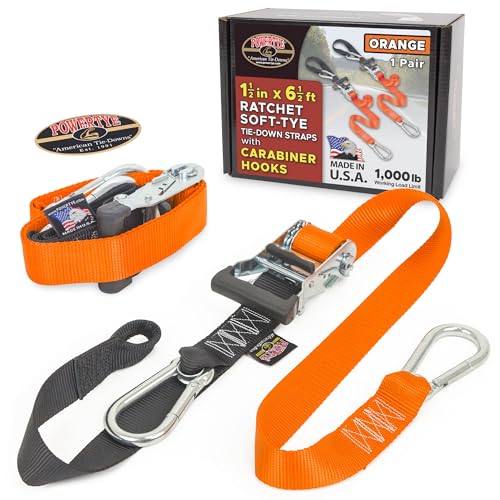 Image of PowerTye 1.5in x 6.5ft Heavy Duty Ratchet Tie-Down Straps with Soft-Tye and Carabiner Hooks - 1,000 lb Working Load Limit / 3,000 lb Breaking Strength - Made in USA - Orange /Black Pair