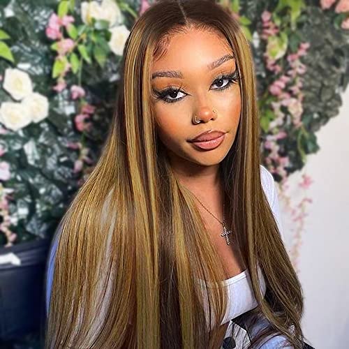 EAWWII Long Straight Highlights Wigs for Women Middle Part Synthetic Wig Heat Resistant Fiber for Daily (26Inch)