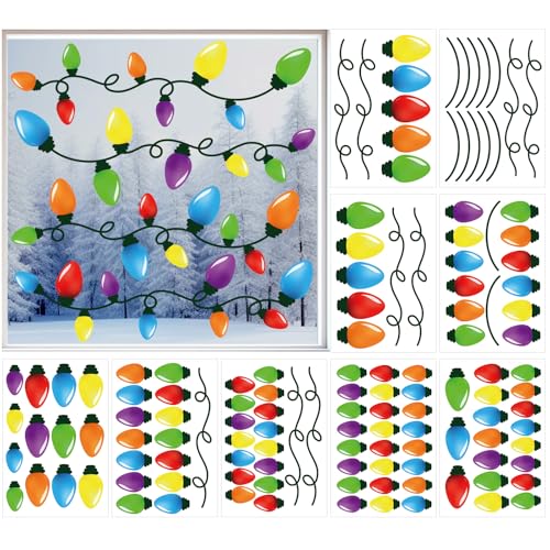 Cinrobiye 172 Pcs Christmas Window Clings Snowflake Decals Winter Wonderland Stickers Reindeer Snowman Elk Snowball for Holiday Home Decor 9 Sheets (Bulb Light)