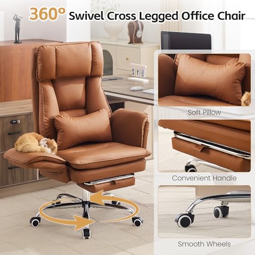 Image of Big and Tall Office Chair, Footrest & Flip Armrest for Pets, PU Brown