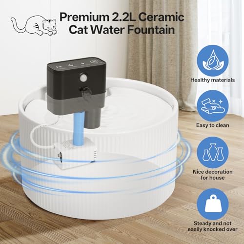 2.2L Ceramic Wireless Cat Water Fountain, Automatic Cat Water Dispenser 4000mAh Rechargeable Battery Operated, Ultra Quiet Cordless Pet Drinking Fountain with Motion Sensor(Porcelain White) - Image 5