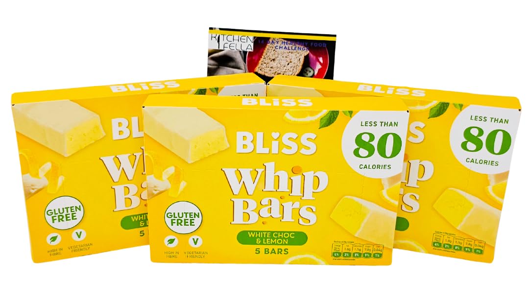 Bliss Whip Bars White Chocolate & Lemon | Low Calorie Gluten Free Snack | Only 77 Calories | High Fibre | Vegetarian | Halal | 3 x 5-Bar Packs + Kitchen Fella 14-Day Healthy Eating Guide