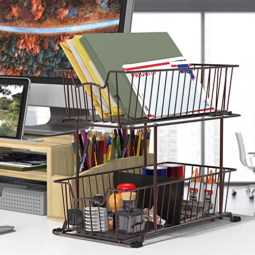 Simple Houseware 2 Tier Cabinet Wire Basket Drawer Organizer, Brown - Image 2