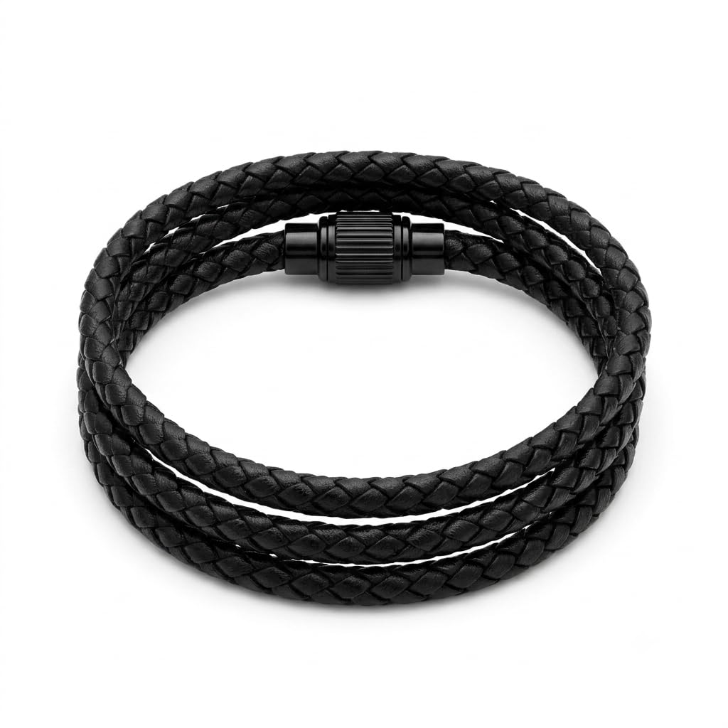Premium Genuine Leather Triple Wrap Bracelet for Men & Women | 26-Inch Smooth Non-Chipping Pure Black Leather Cord with Secure Magnetic Lock-| Wristband Gen-Z funky (SST5400BLRI)-image-48