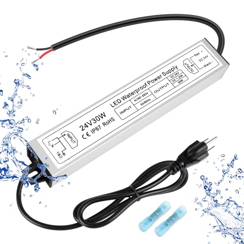 Image of 24V Power Supply 30W, IP67 Waterproof LED Driver Transformer, AC 90-140V to DC 24V 1.25A Converter for Outdoor Landscape Lighting and LED Strip Lights, 3-Prong Plug with 3.3FT Cable