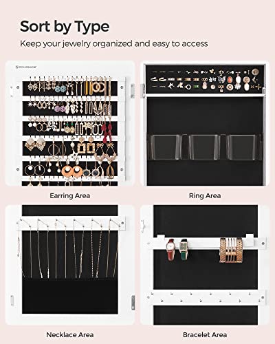 Image of SONGMICS Jewelry Cabinet Armoire, Lockable Wall-Mounted Organizer Unit with 2 Plastic Cosmetic Storage Trays, Full-Length Frameless Mirror, White UJJC001W01