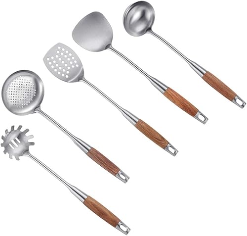 LMMDP - Juego de utensilios de cocina de 5 piezas, acero inoxidable 304, mango de madera, accesorio de utensilios de cocina