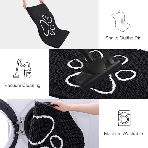Image of Smiry Dog Door Mat for Muddy Paws, Absorbent Dirt Trapper Non Slip Quick Dry Washable Chenille Mat for Mud Dogs, Entry Rug for Indoor and Outdoor (40x24 Inches, Black and White)