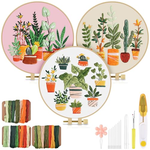 Image of TINDTOP 3 Pack Embroidery Kit for Adult, Embroidery DIY Starter Kit | with Stamped Patterns, Hoop, Tools, Colorful Threads with Needles, Instructions