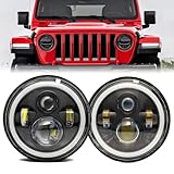 HANBKC Jeep wrangler headlight,7 Inch LED Halo Headlights for Jeep Wrangler JK JKU TJ LJ CJ 2007–2017, DOT Approved Hi/Lo Beam, White DRL & Amber Turn Signal, 1 Pair, Black