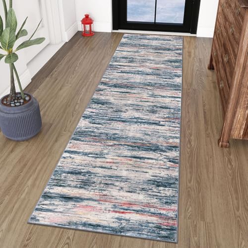2x8 Teal Blue Peach Gray Multi Modern Abstract Runner Rug for Hallways, Super Soft Hallway Decor Kitchen Rugs with Non-Slip, Non-Shedding Washable Rug for Entryway Bedroom Laundry Indoor