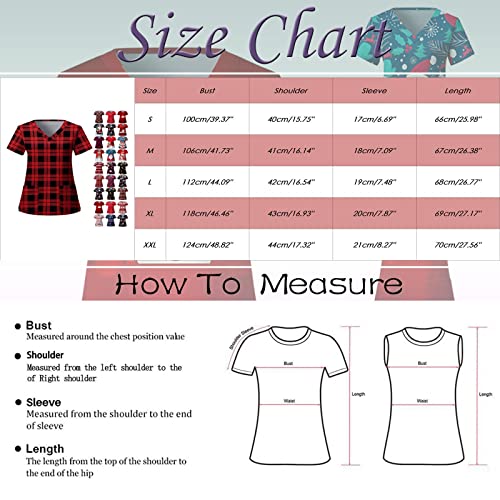 Mymyguoe Casaca de Navidad para mujer, patrón navideño, ropa de enfermería, cuello en V, manga corta, camiseta con bolsillos, transpirable, camisetas de trabajo, blusa, uniformes de enfermería, rojo,