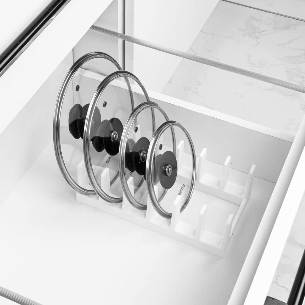 Topfdeckelhalter – Platzsparender Deckelhalter für bis zu 6 Deckel & Pfannen | Perfekte Küchenorganisation für Schubladen & Arbeitsplatten (Weiss)