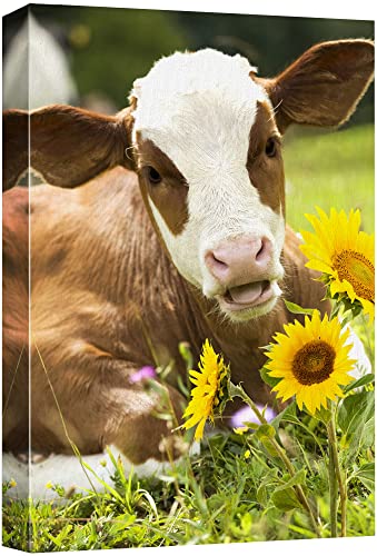 wall26 Canvas Print Wall Art Brown & White Calf on Grass with Sunflowers Animals Wildlife Digital Art Realism Rustic Scenic Nature Photography Colorful for Living Room, Bedroom, Office - 24"x36"
